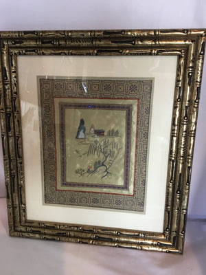 Vintage Chinese Blue/Gold Silk Embroidered Framed Art