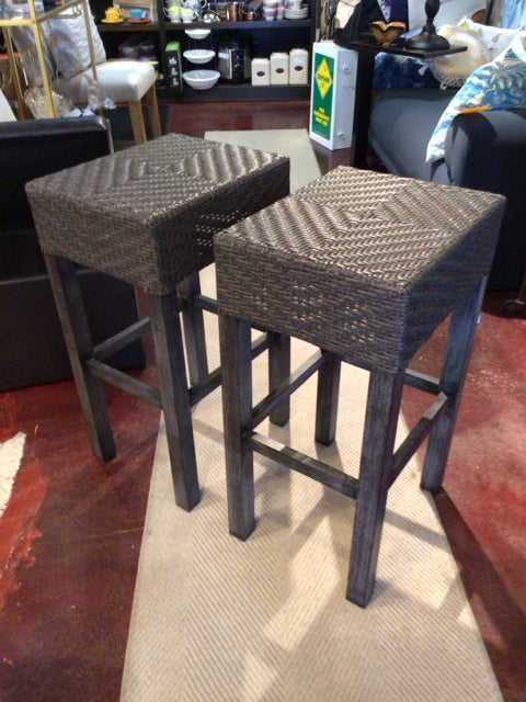 Pair Resin Wicker Outdoor/Outside Charcoal Barstool/Bar Stool