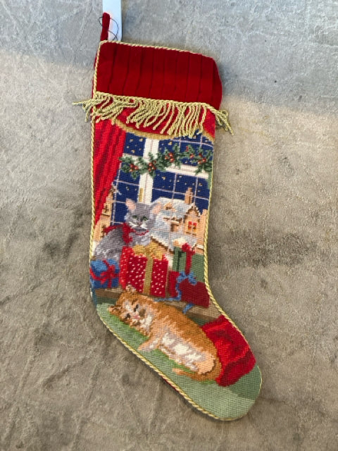 Vintage Christmas Multi-Color Velvet Needlepoint Stocking Holiday Item