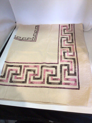 Vintage Cream/Pink Cotton Greek Key As Is Tablecloth