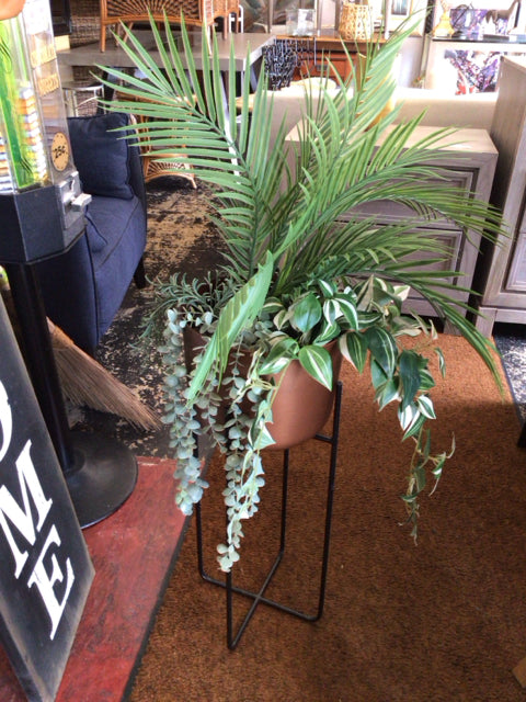 Green/Black Metal On Stand Faux Plant