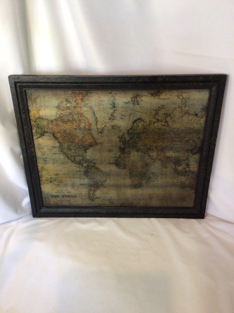 Vintage Brown/Gold Wood Framed World Map Framed Art