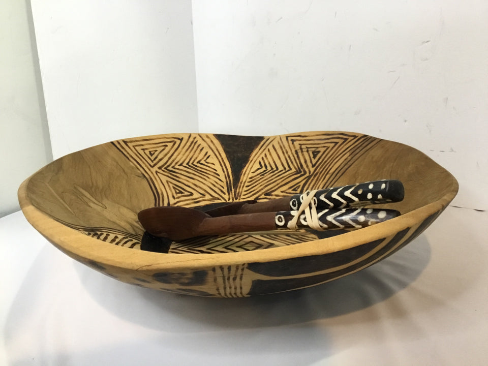 Ethnic Brown Wood W/Spoon Serving Dish