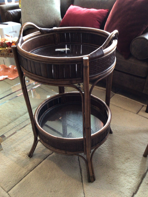 Mid-Century Rattan Round Tiered Brown Cart