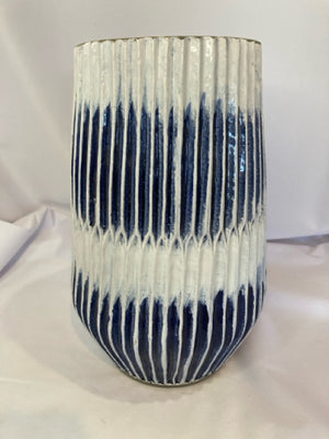 Crate & Barrel Blue/Gray Pottery Ribbed Vase