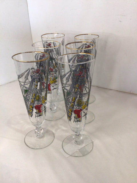 Vintage Set of 6 Clear/Multi Glass Glasses