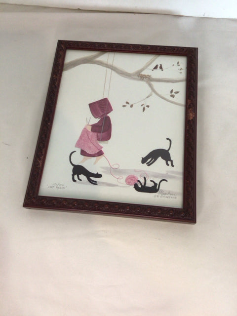 Signed White/Pink Girl Cat Framed Art