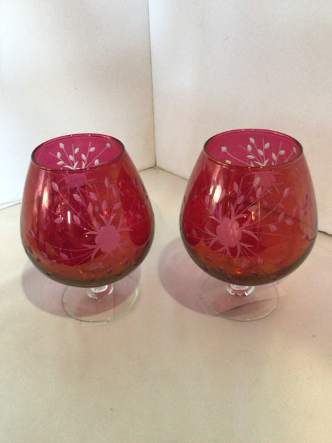 Brandy Snifter Red Etched Glass Pair Glasses