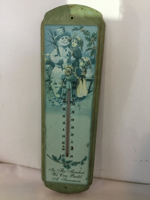 Vintage Blue/White Metal Thermometer Snowman Holiday Item