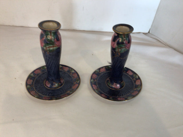 Pair Blue/Pink Ceramic Floral Candle Holders