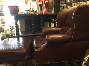Classic Leather Wing Back Leather AS IS Nail Head Trim Cordovan Chair & Ottoman