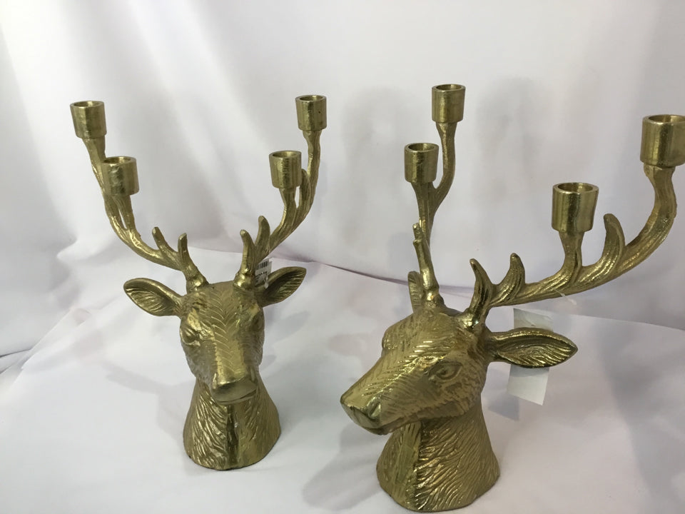 Pair Gold Metal Candleabra Reindeer Holiday Item