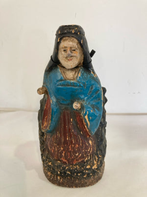 Vintage Blue/Multi Wood Carved Woman Sculpture