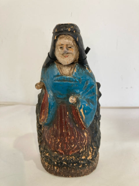 Vintage Blue/Multi Wood Carved Woman Sculpture