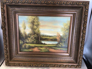 Signed Painting Green/Brown Canvas Lake Scene Trees Framed Art