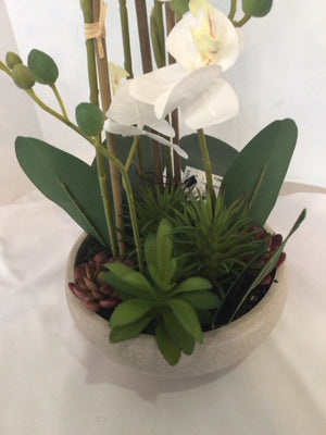 Green/White Orchids In Planter Faux Flowers