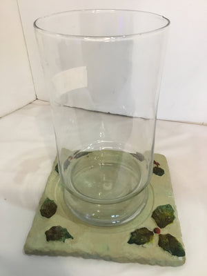 Candle Holder Clear/White Glass/Resin Holly Hurricane Holiday Item