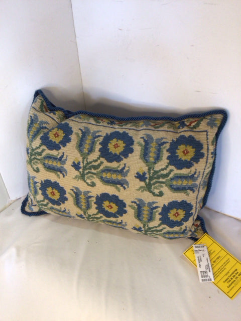 Vintage Multi-Color Cotton Needle Point Flowers Pillow