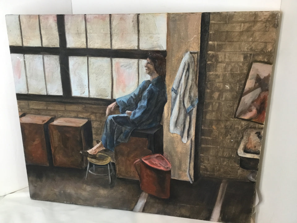 Blue/Tan Woman Stretch Canvas Art