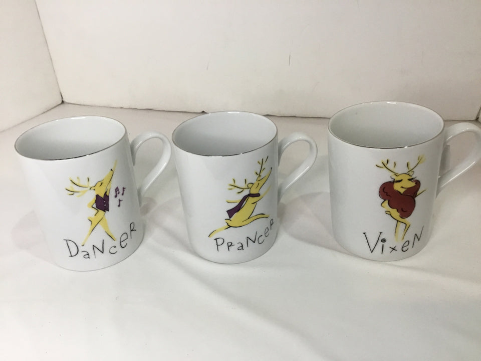 Pottery Barn Mug White Reindeer Set of 3 Holiday Item