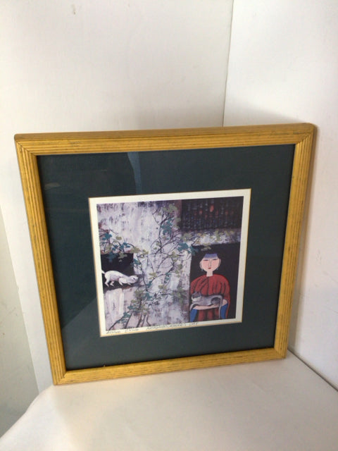 Oriental Blue/Multi Woman Cat Framed Art