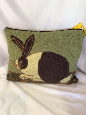 Folk Art Brown/Green Wool Bunny Hook Pillow