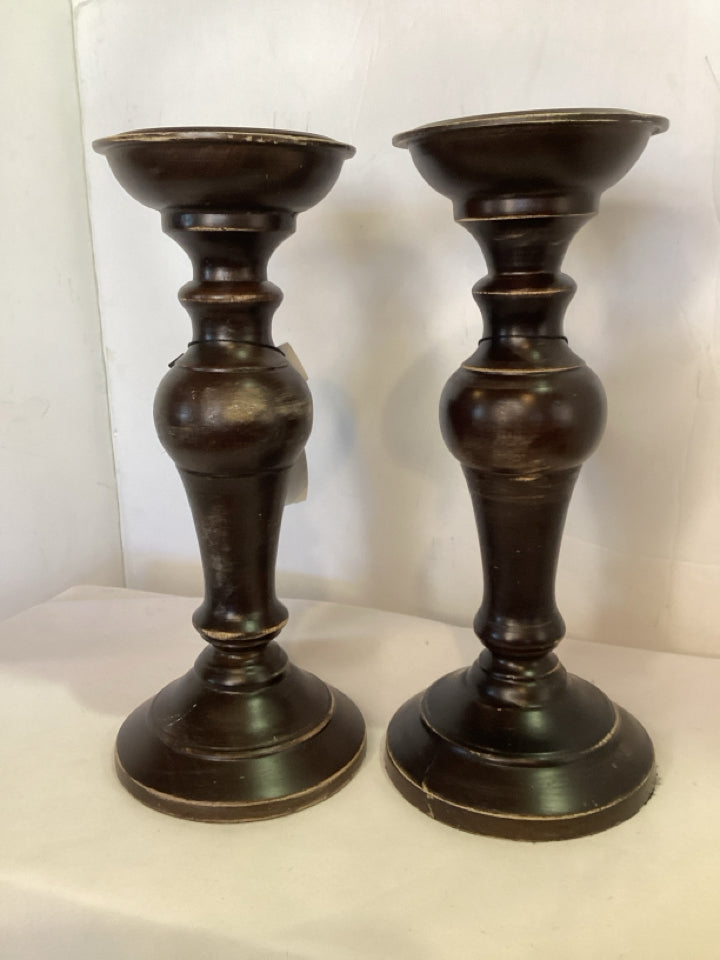 Pair Brown Wood Pillar Candle Holders