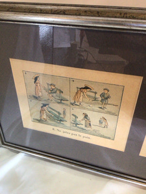 Vintage French Gray/Multi Cartoon People Framed Art