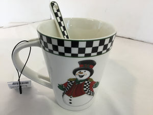 Spode Christmas White/Black Ceramic Mug w/Spoon Holiday Item