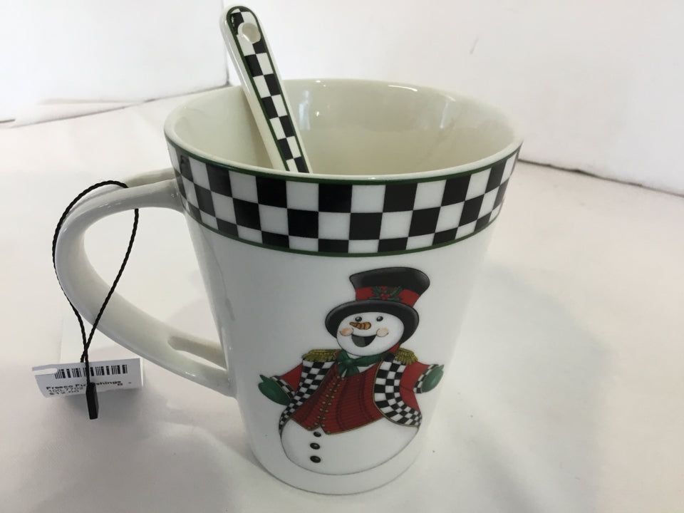 Spode Christmas White/Black Ceramic Mug w/Spoon Holiday Item