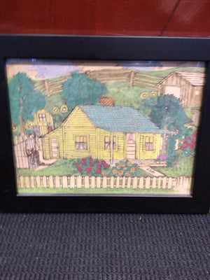Drawing Green/Yellow Cabin Framed Art
