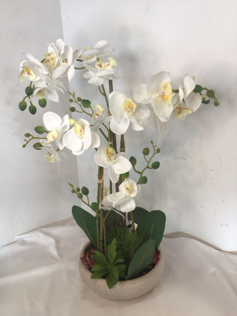 Green/White Orchids In Planter Faux Flowers