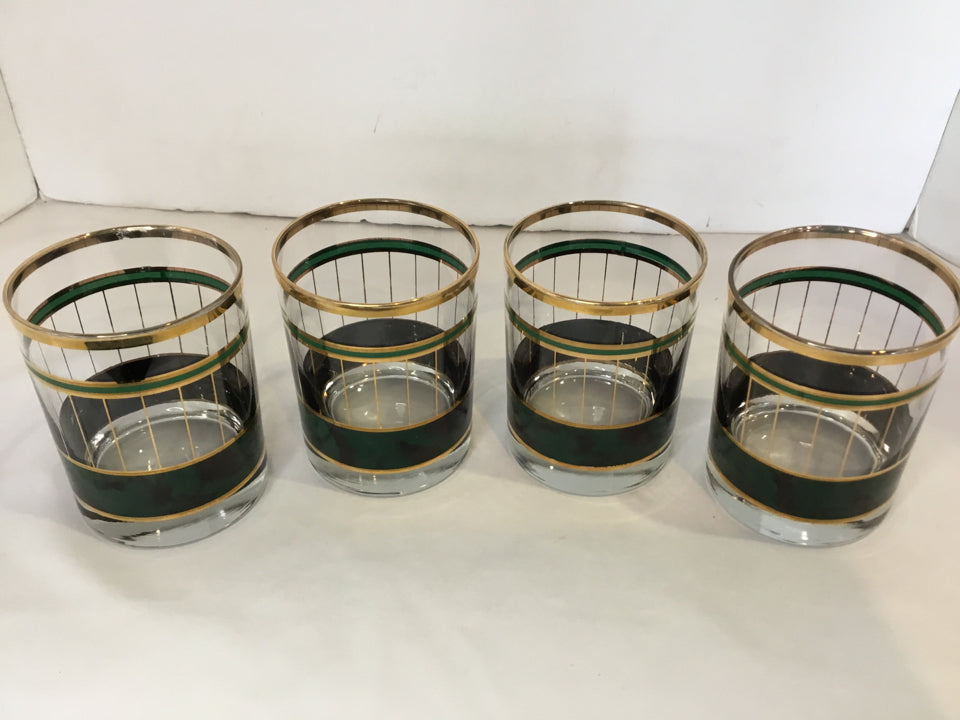 Set of 4 Green/Gold Glass Glasses