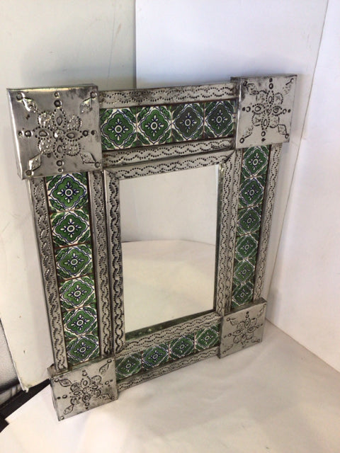 Mexican Silver/Green Tin Tiles Mirror