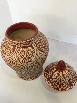 Lidded Red/Cream Pottery Swirl Urn