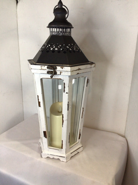 Rustic White Wood Metal Battery Operated Lantern