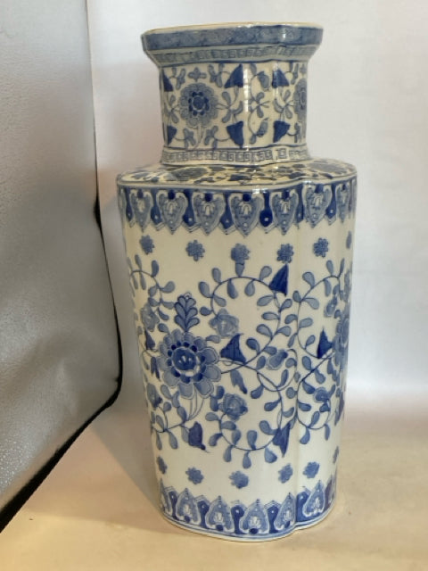 Large Blue & White Ceramic Floral Vase