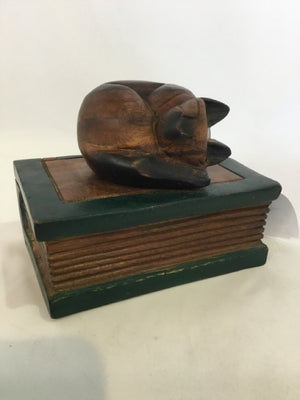 India Hinged Natural/Green Wood Book Cat Box