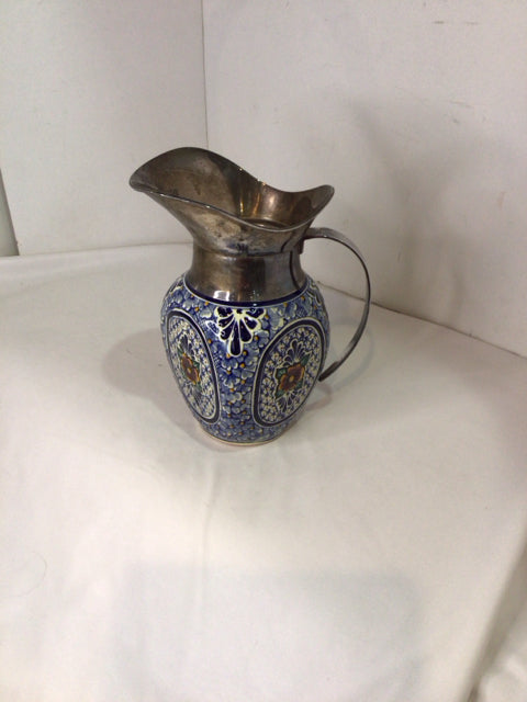 Hand Painted Silver Plate Floral Pitcher