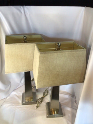 Pair Silver Metal Lamp Set