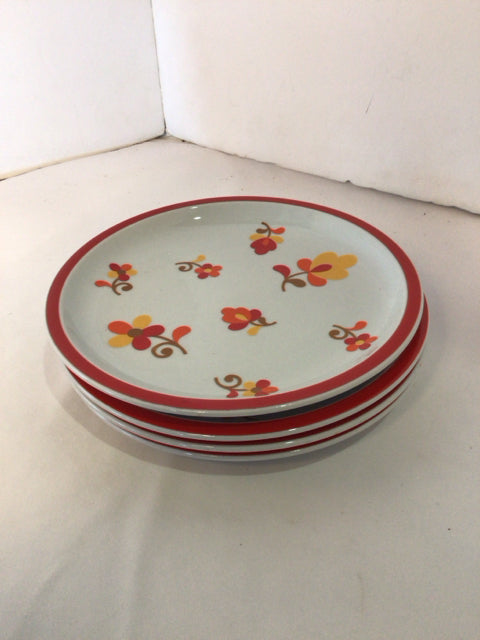 Set of 4 White/Red Ceramic Flowers Plate Set