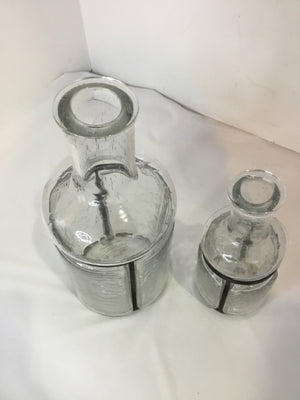 Crate & Barrel Industrial Clear Glass/Metal Pair Bottle Set