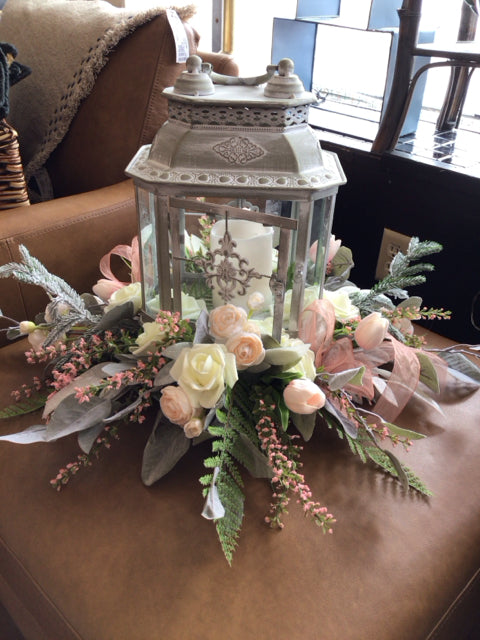 Shabby Chic White Metal Roses Lantern