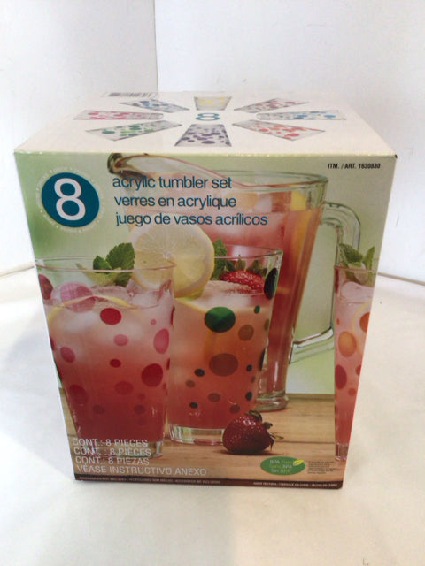 Set of 8 Clear/Multi Acrylic Polka Dot Glasses