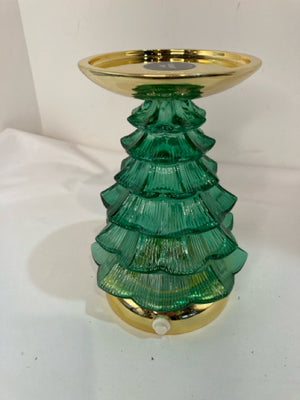 Bath & Body Works Candle Holder Green/Gold Glass Christmas Tree Holiday Item