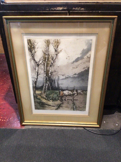 Signed Gray/White Horse Cart Framed Art