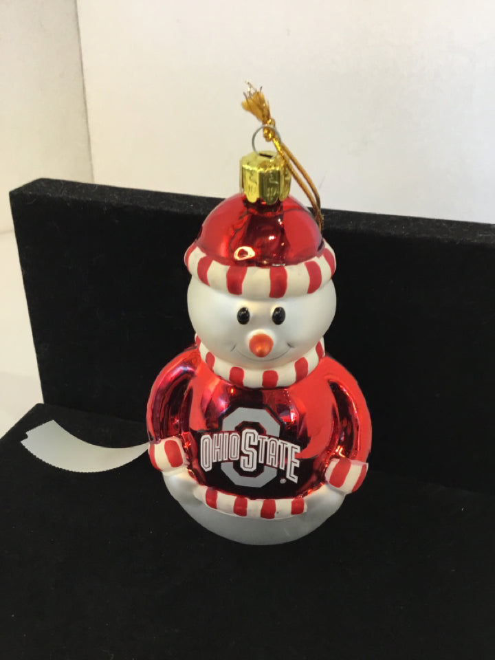 Ornament Red/white Glass Snowman Ohio State Holiday Item