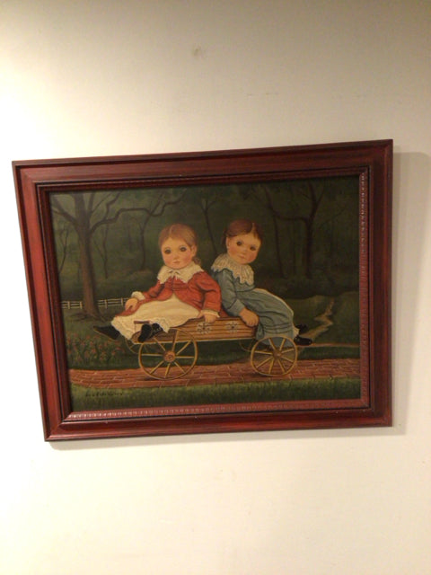 Signed Folk Art Green/Brown Children Wagon Framed Art