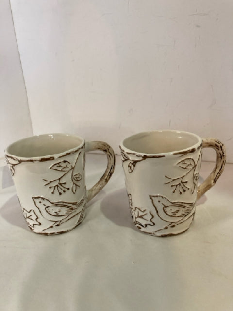 Certified Int. Pair Cream/Brown Stoneware Birds Mug Set