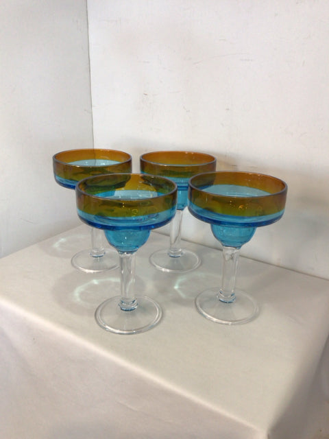 Set of 4 Clear/Blue Plastic Margarita Glasses